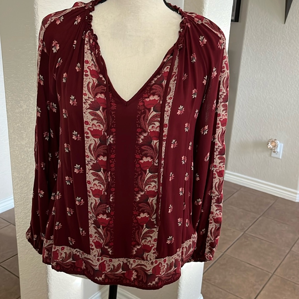 Lucky Brand Maroon  Tan Peasant Bohemian Style Blouse Top Size S
